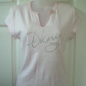 DKNY Jeans Cotton Rhinestone Tee Top Cap Sleeve
